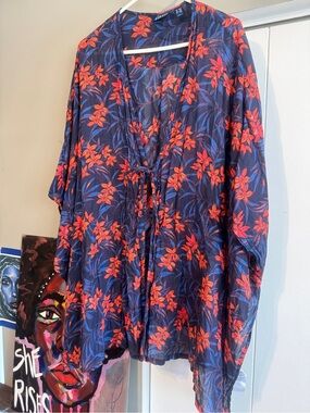 d&co. BEACH 100% Cotton Sheer Floral Kimono Cardigan Cover-Up XL/1X